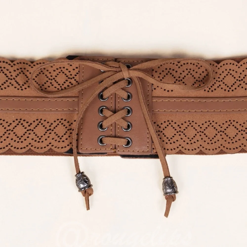 PU Wide Corset Laser Cut Hollow Out Brown Belt Boho - Picture 3 of 6